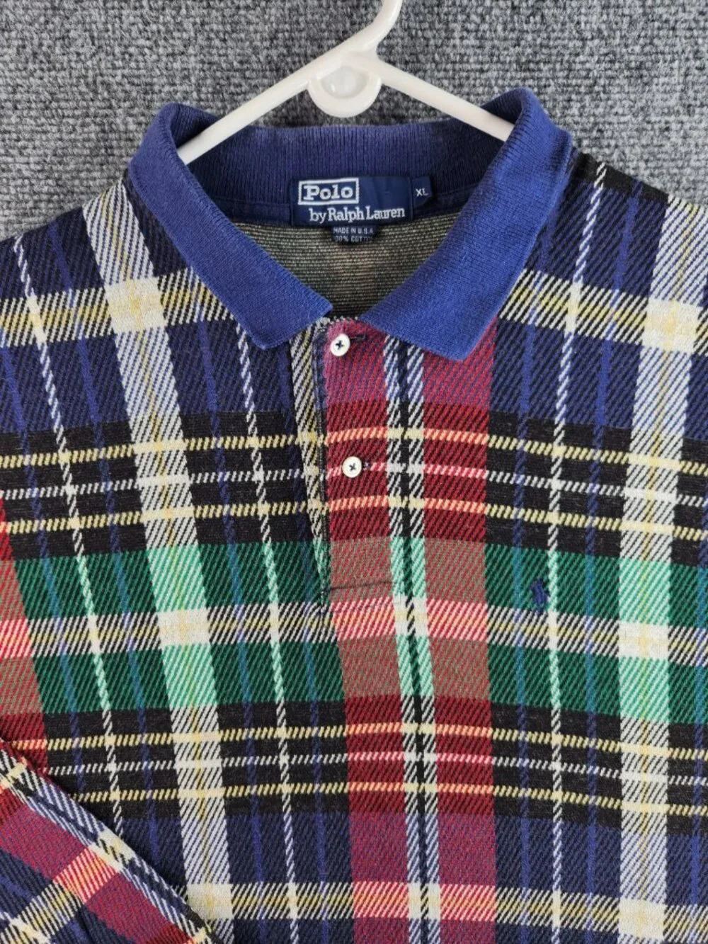 VTG Polo Ralph Lauren USA Made Plaid Knit Colorful Polo Shirt Long Sleeve XL